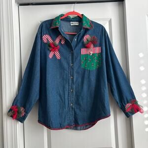 VTG Shane Lee Inc Candy Cane Christmas Denim Button Down Shirt Jacket XL Holiday